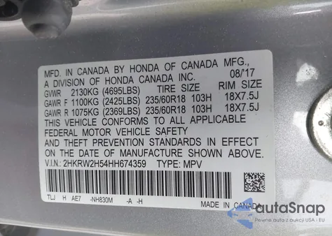 2017 Honda Cr-V Ex from USA, damaged, VIN 2HKRW2H54HH674359
